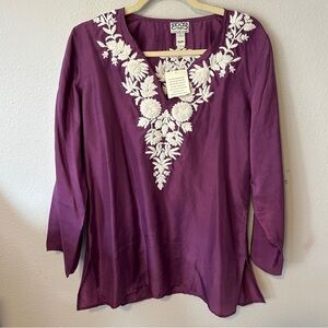 New NWT Jai embroidered silk tunic India purple white sz L floral blouse top